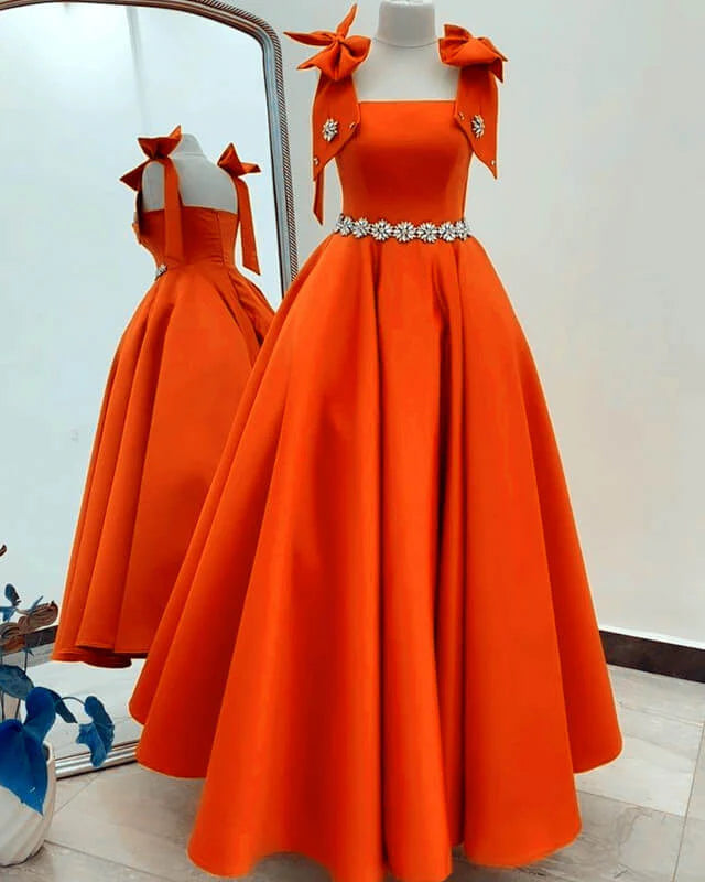 Ball Gown Orange Satin Evening Dress With Straps