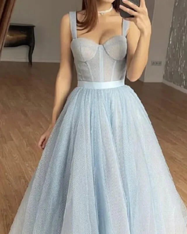 Baby Blue Tulle Midi Corset Evening Dress
