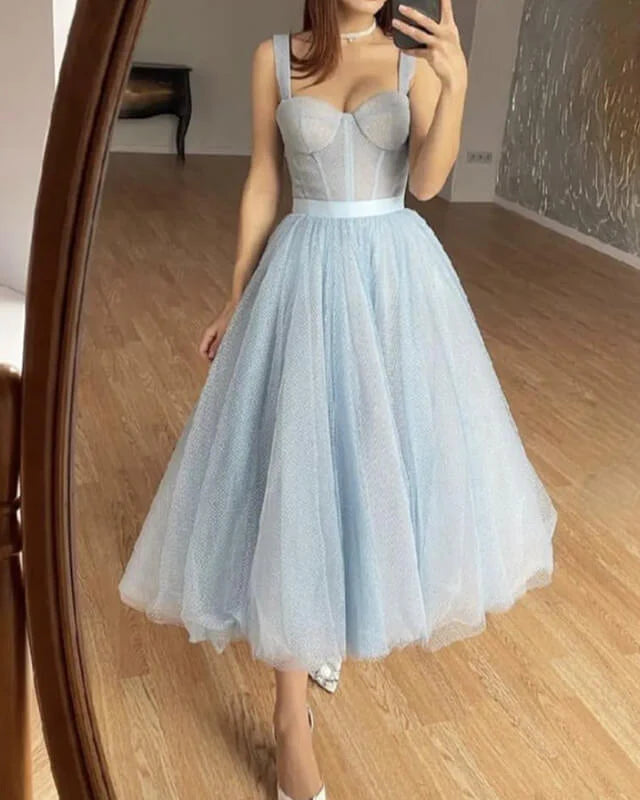Baby Blue Tulle Midi Corset Evening Dress