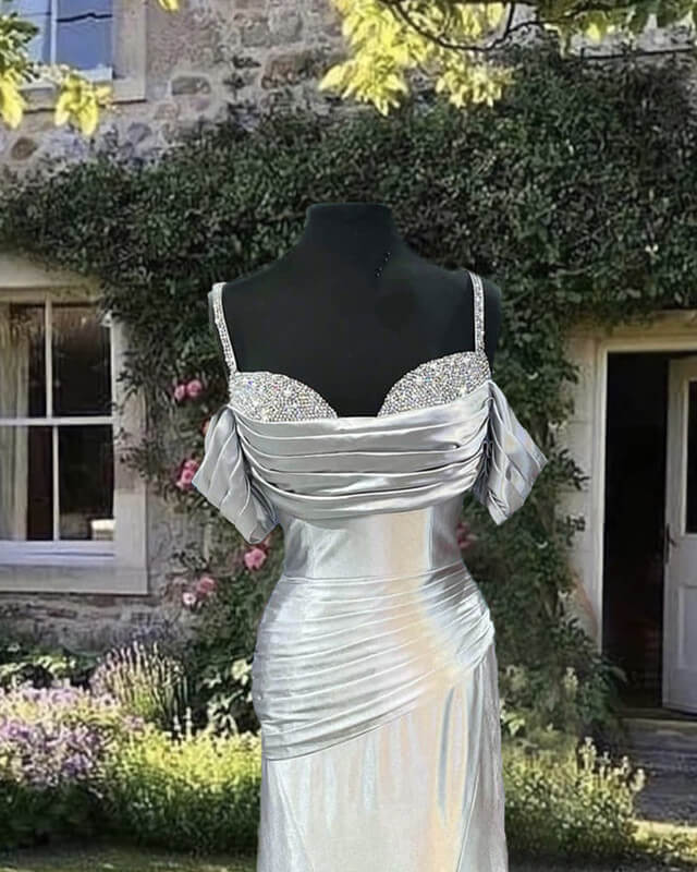 Mermaid Silver Satin Cold Shoulder Evening Dress