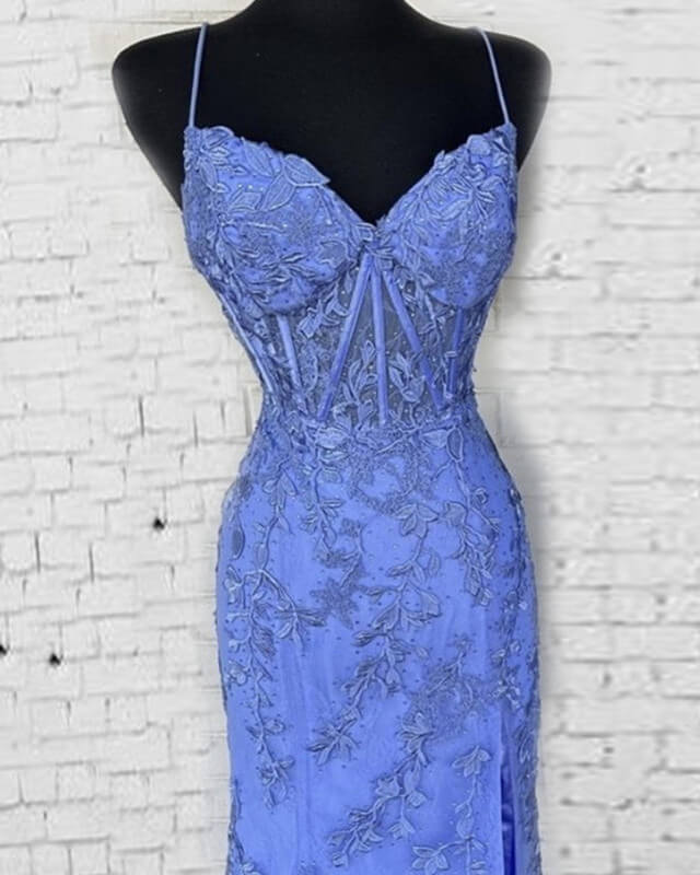 Mermaid Periwinkle Lace Overlay Evening Dress