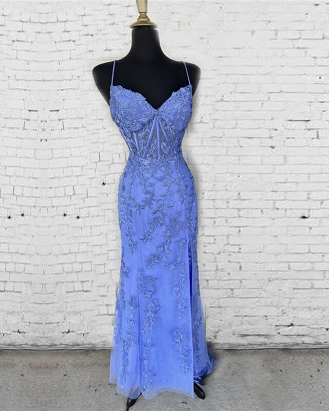 Mermaid Periwinkle Lace Overlay Evening Dress