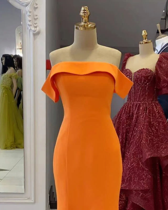 Off-The-Shoulder Orange Satin Evening Dress