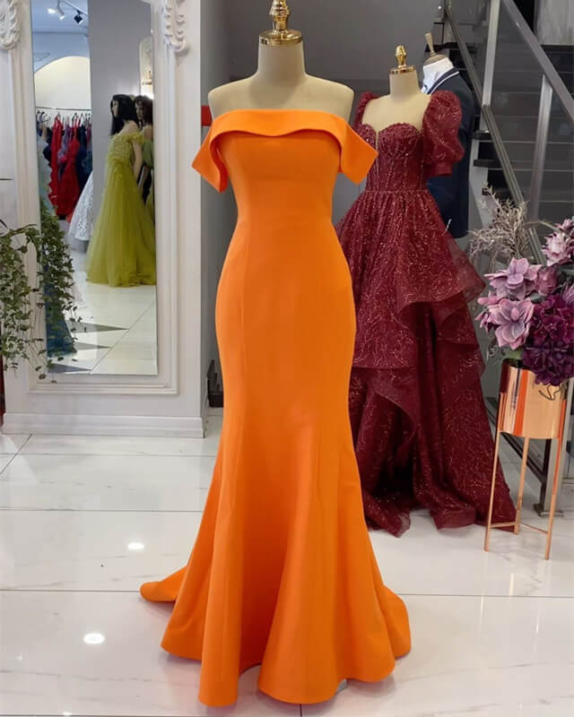 Off-The-Shoulder Orange Satin Evening Dress