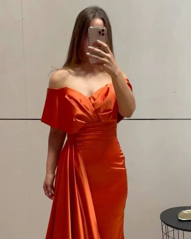 Off The Shoulder Orange Satin Evening Dress