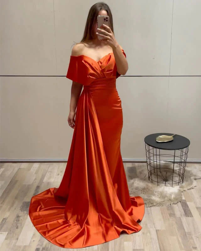 Off The Shoulder Orange Satin Evening Dress