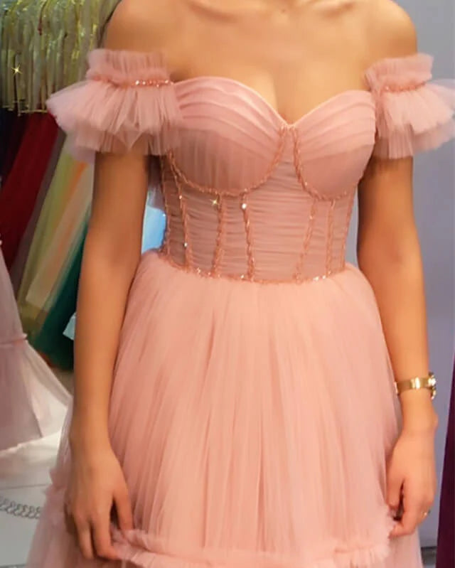 Blush Tiered Tulle Corset Evening Dress