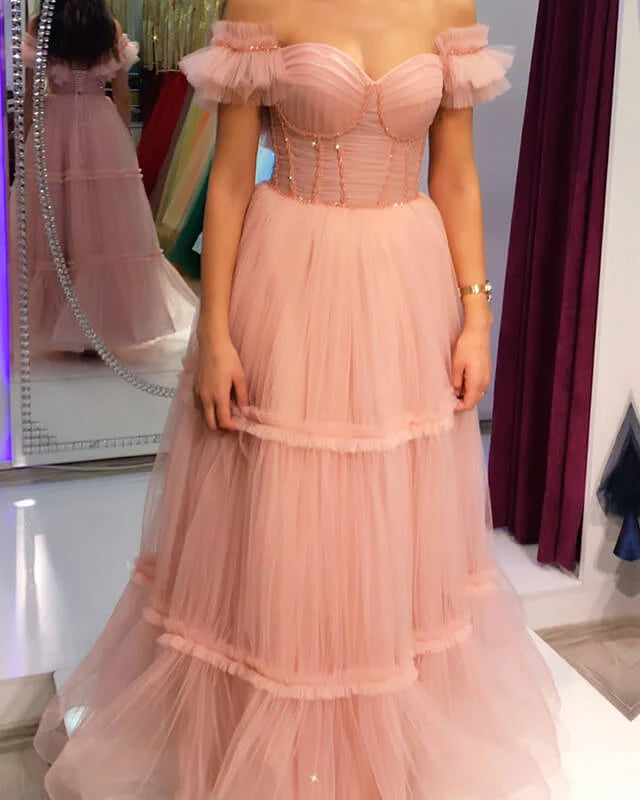Blush Tiered Tulle Corset Evening Dress