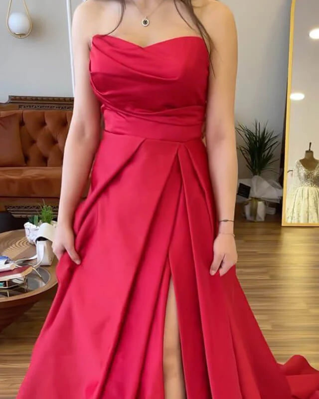 A-line Strapless Satin Split Gown Evening Dresses