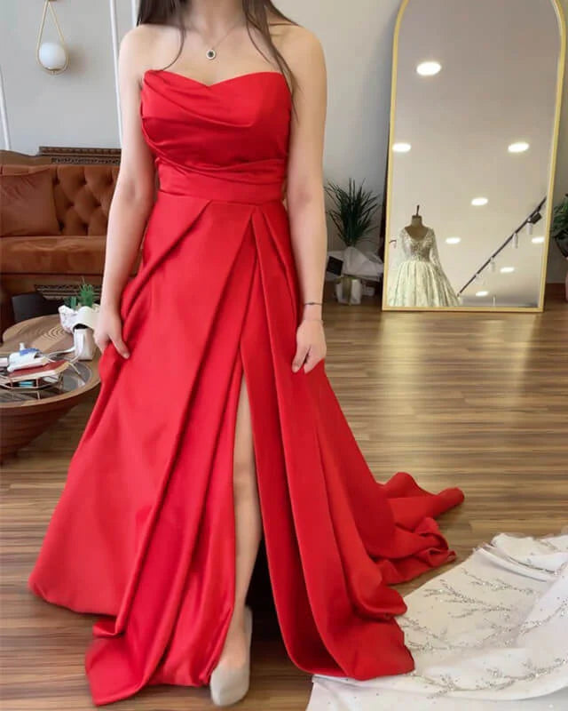 A-line Strapless Satin Split Gown Evening Dresses