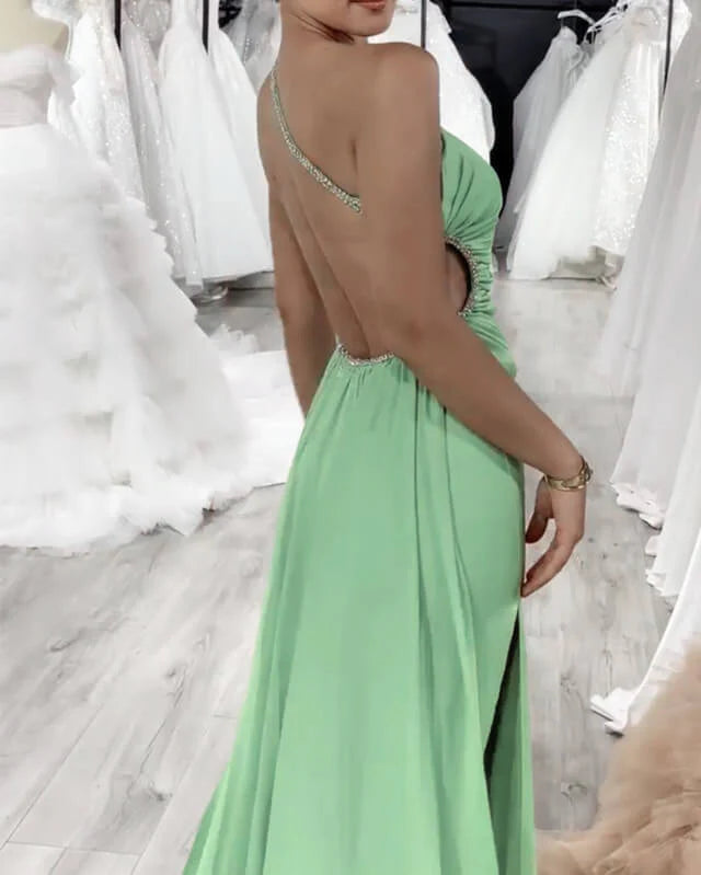 High Slit One Shoulder Open Back Satin Evening Dress