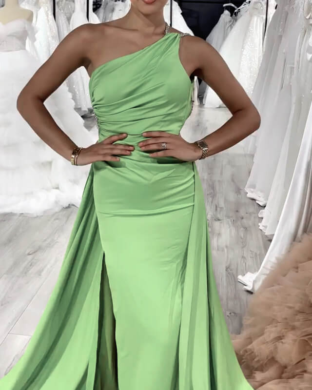 High Slit One Shoulder Open Back Satin Evening Dress