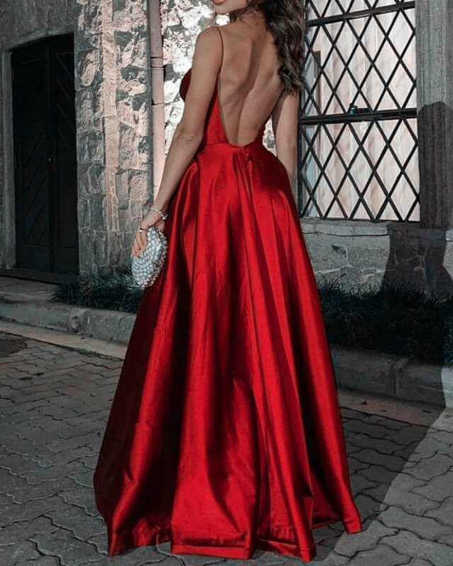 Red V-neck Open Back Satin Evening Dress