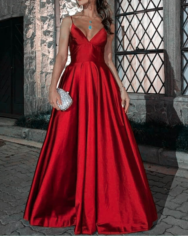 Red V-neck Open Back Satin Evening Dress