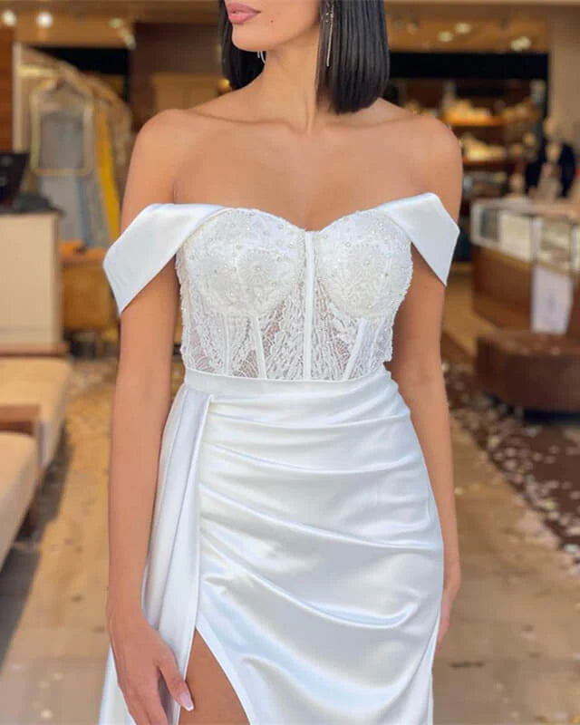 White Bodice Corset Mermaid Split Evening Dress