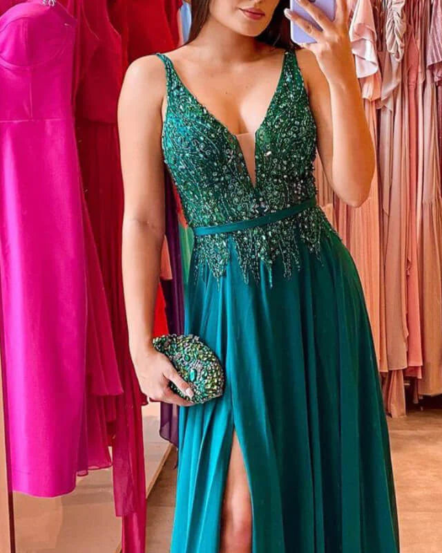 Green Chiffon V-neck Appliques Split Evening Dress