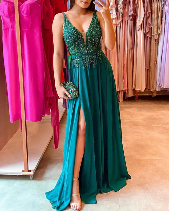 Green Chiffon V-neck Appliques Split Evening Dress