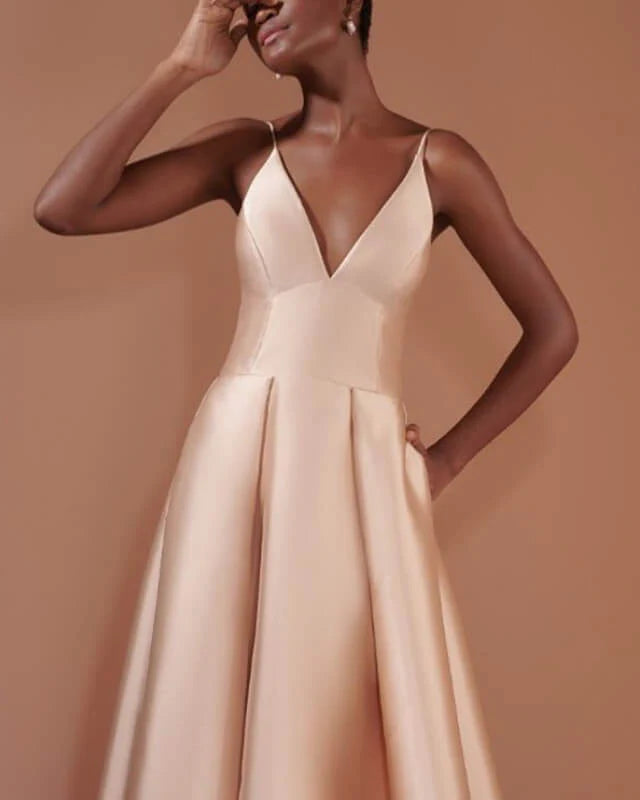 Satin V-neck Floor Length Evening Dress With Pocktes