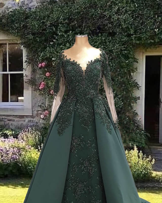 Mermaid Appliques Long Sleeve Satin Evening Dresses