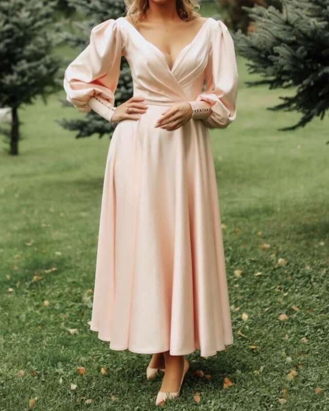 A-line Long Sleeve Midi Satin Evening Dress