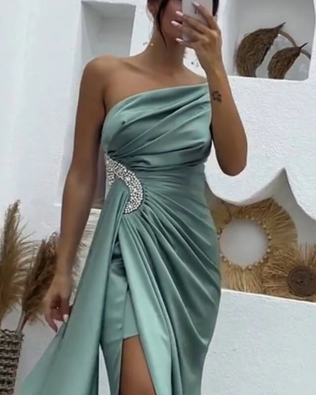 Mermaid High Slit Ruched Satin One Shoulder Evening Dress