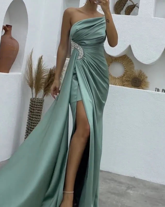 Mermaid High Slit Ruched Satin One Shoulder Evening Dress