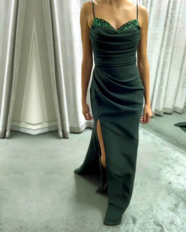 Mermaid Emerald Satin Slit Evening Dress