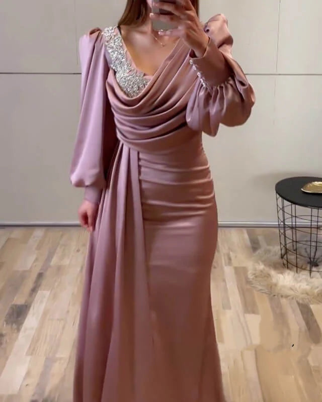 Mermaid Rose Satin Long Sleeve Evening Dress