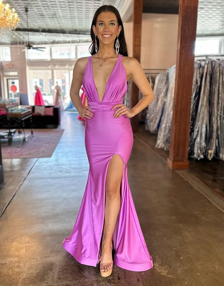 V-Neck Cross Back Long Satin Prom Dress With Split