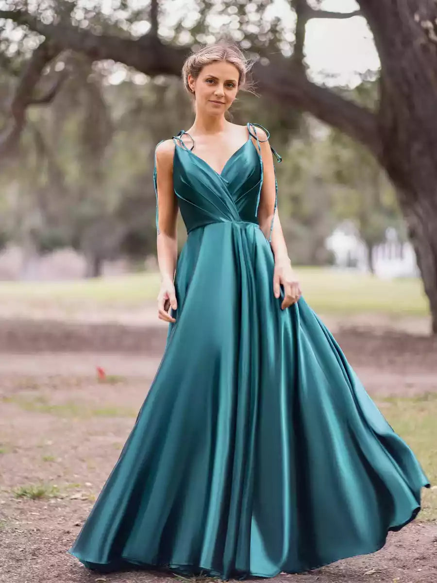 Prom Dresses featuring eye-catching A-line and floor thin shoulder straps, V-neck sleeveless zipper back