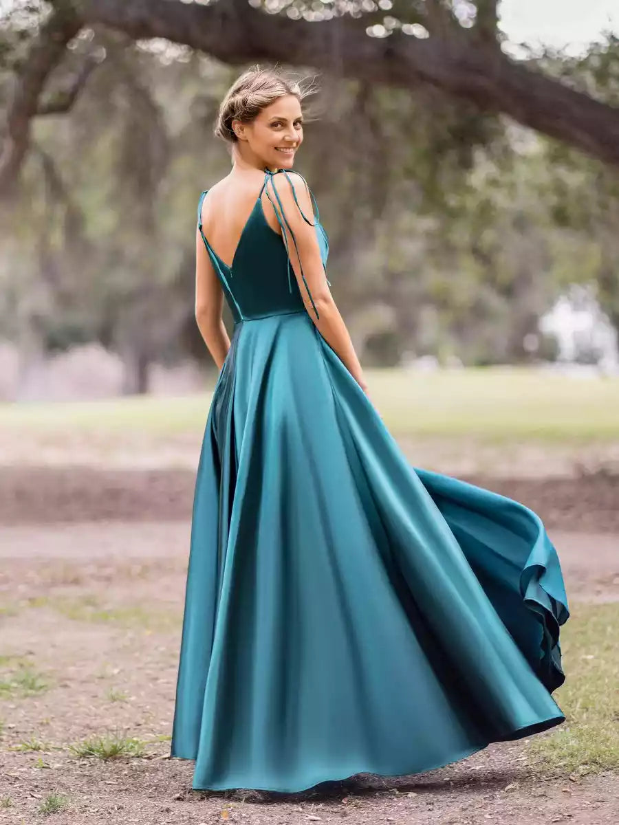 Prom Dresses featuring eye-catching A-line and floor thin shoulder straps, V-neck sleeveless zipper back