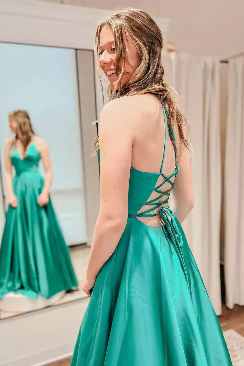 Prom Dresses with A-line satin thin shoulder straps and V-neck sleeveless slit lace up back that attracts attention