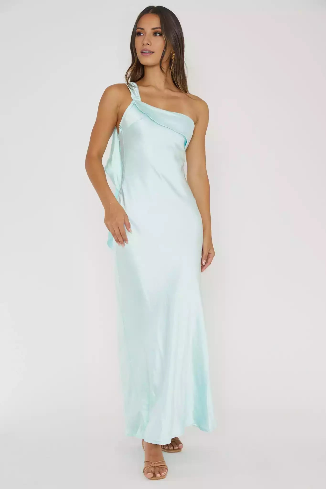 Prom Dresses with eye-catching satin, extra long adjustable single shoulder strap and ruffle details