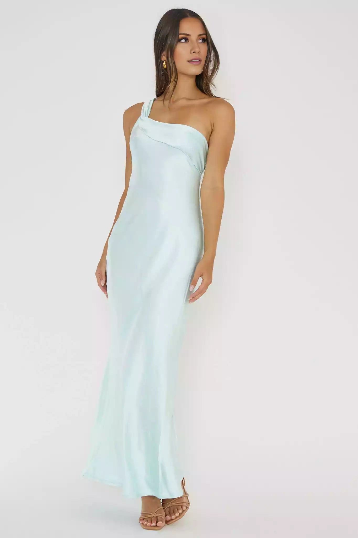 Prom Dresses with eye-catching satin, extra long adjustable single shoulder strap and ruffle details