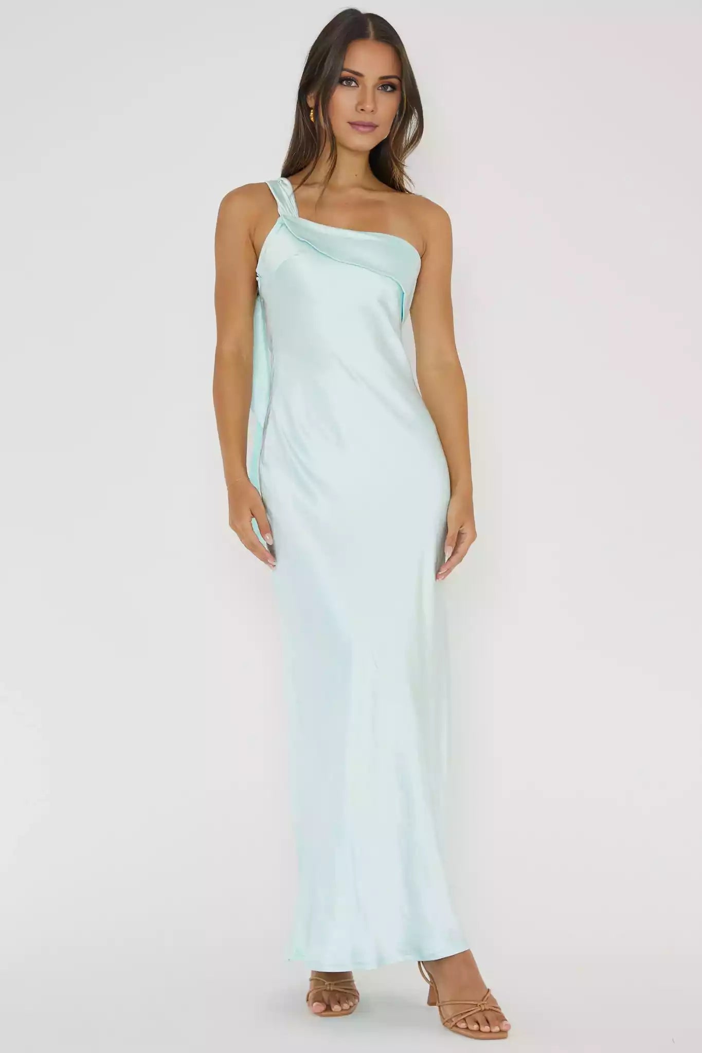 Prom Dresses with eye-catching satin, extra long adjustable single shoulder strap and ruffle details