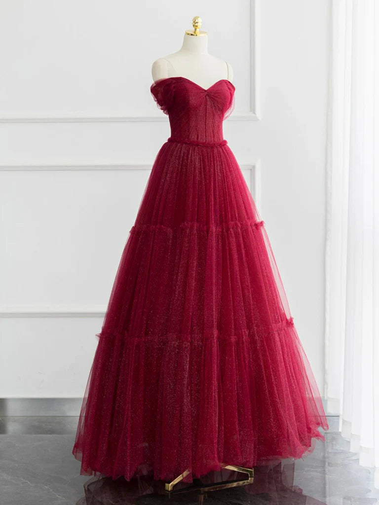 A-line Off Shoulder Tulle Shiny Burgundy Long Prom Dress