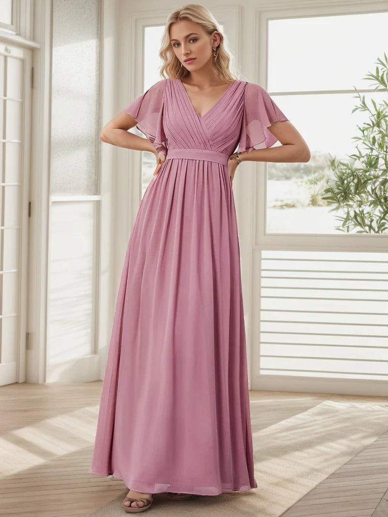 A-Line Pleated Chiffon Tie-Waist Evening Dress