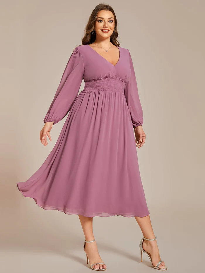Plus Size Flowy Long Sleeves V-Neck Midi Chiffon Wedding Guest Dress