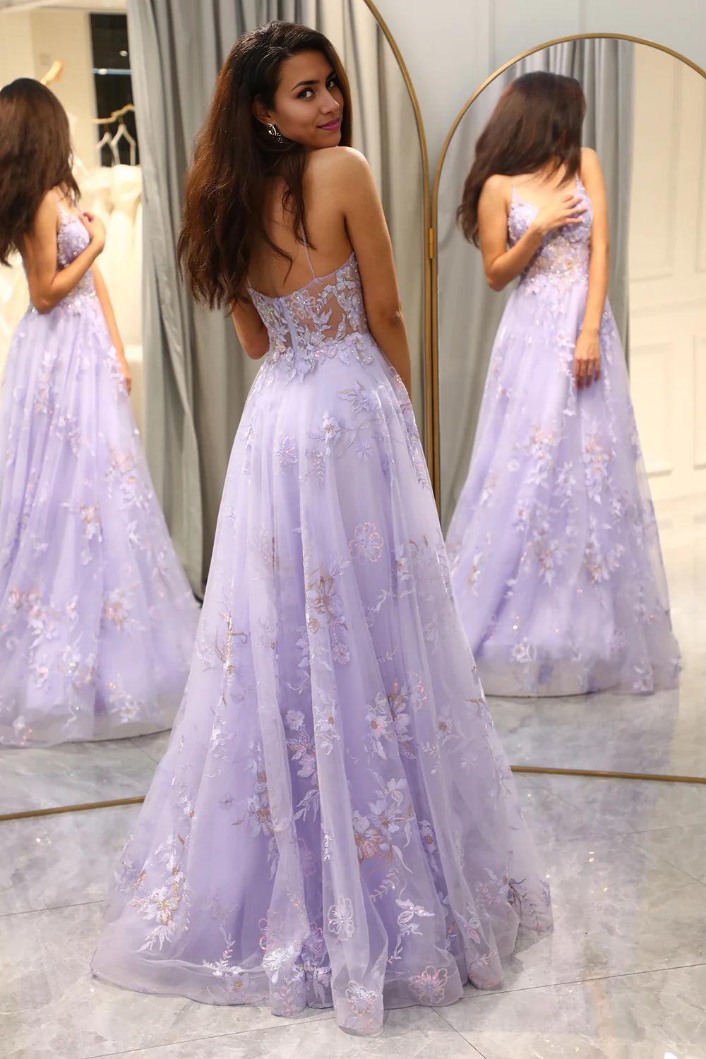A Line Spaghetti Straps Long Tulle Prom Dress With Appliques