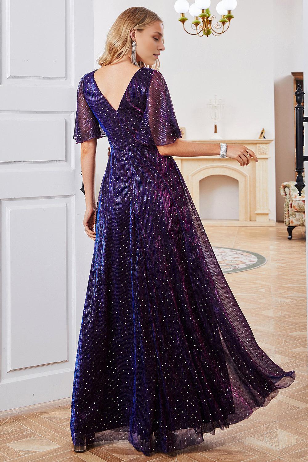 A Line V-Neck Purple Mother of the Bride Dress with Short Sleeves