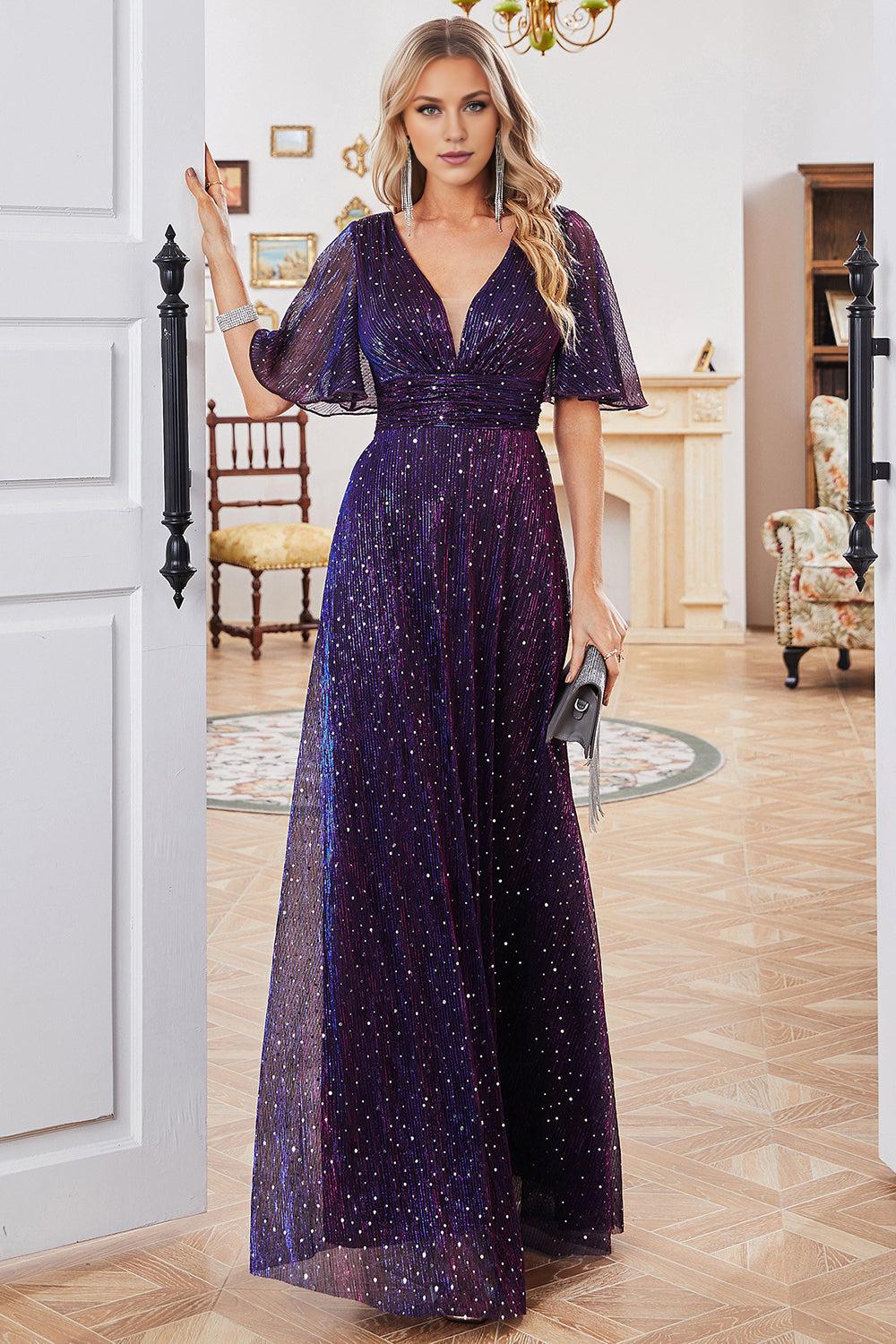 A Line V-Neck Purple Mother of the Bride Dress with Short Sleeves