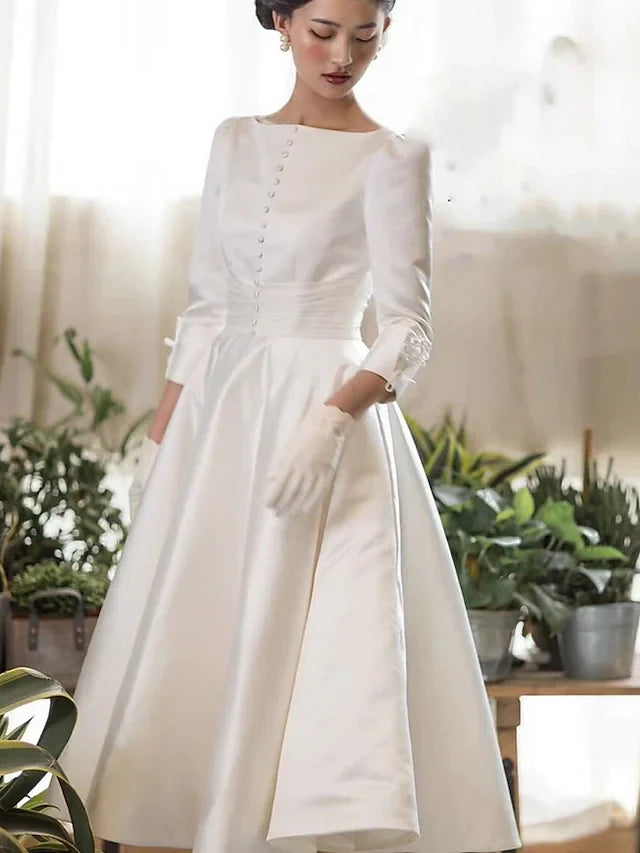 DingjiA-Line Wedding Dresses Jewel Neck Tea Length Satin Half Sleeve Simple Vintage Little White Dress with Buttons Pleats