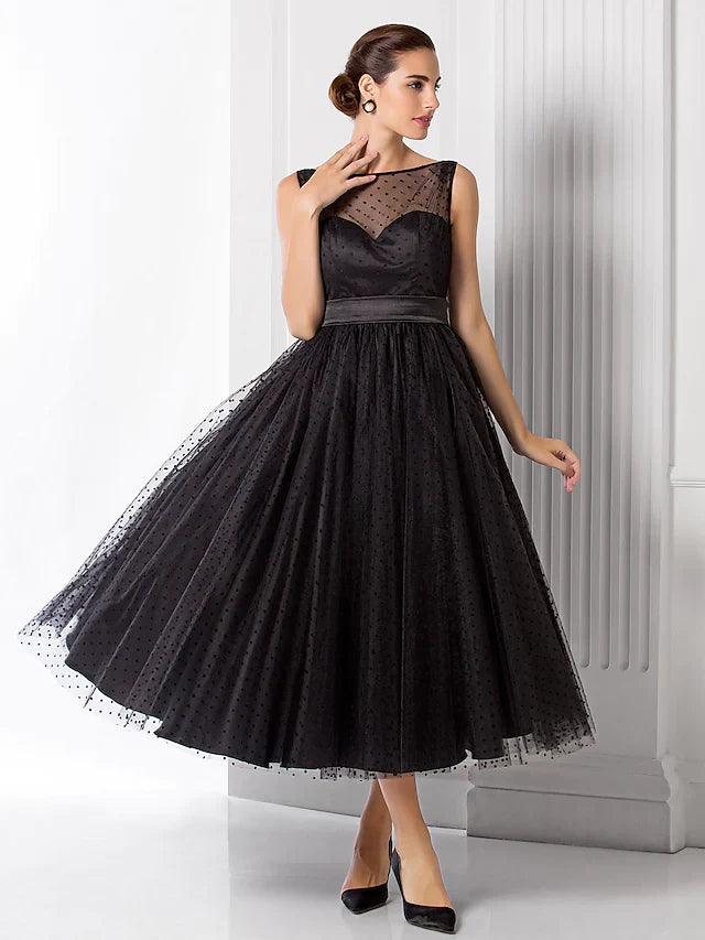 DingjiA-Line Vintage Wedding Guest Black Cocktail Party Dress Illusion Neck Sleeveless Tea Length Tulle with Pattern Print