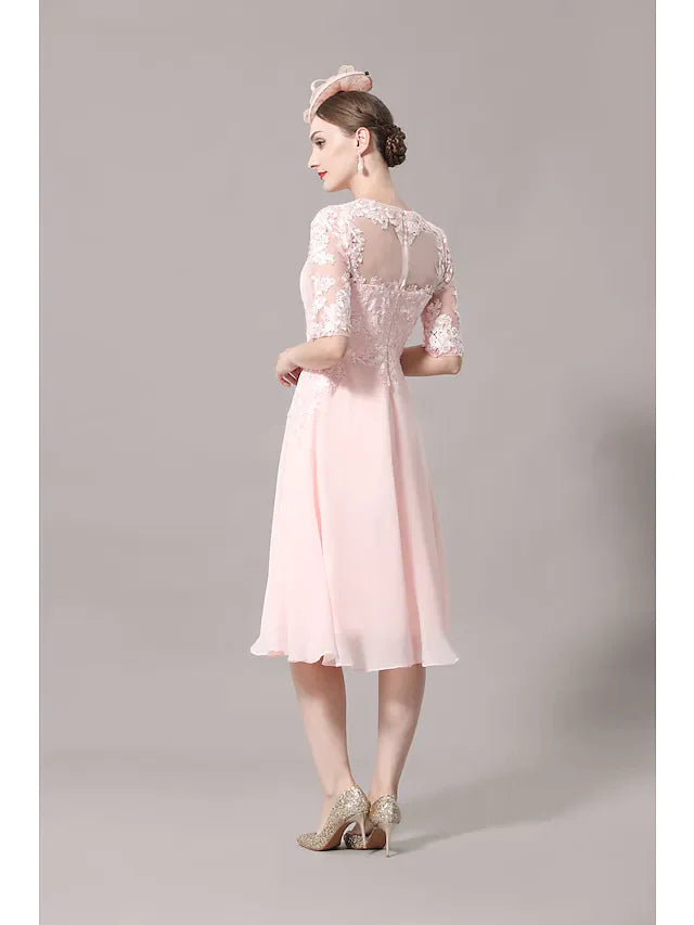 A-Line Mother of the Bride Dress Elegant Illusion Neck Knee Length Lace Satin Half Sleeve with Pleats Appliques