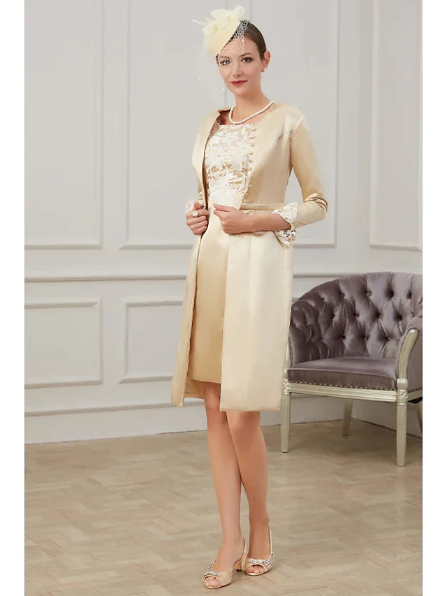 Mother of the Bride Dress Plus Size Jewel Neck Knee Length Lace Polyester 3/4 Length Sleeve with Lace Appliques Ruching