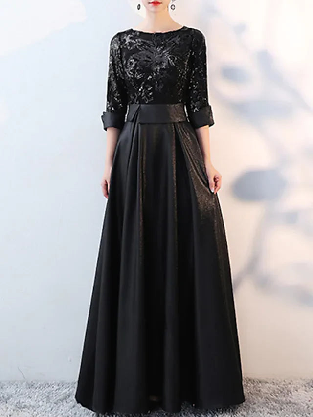 A-Line Glittering Elegant Prom Formal Evening Dress Jewel Neck 3/4 Length Sleeve Floor Length Satin with Sequin