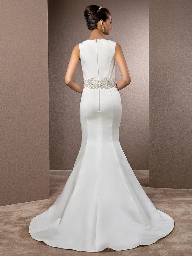 Dingji Wedding Dresses Bateau Neck Cathedral Train Satin Regular Straps Vintage Inspired with Beading