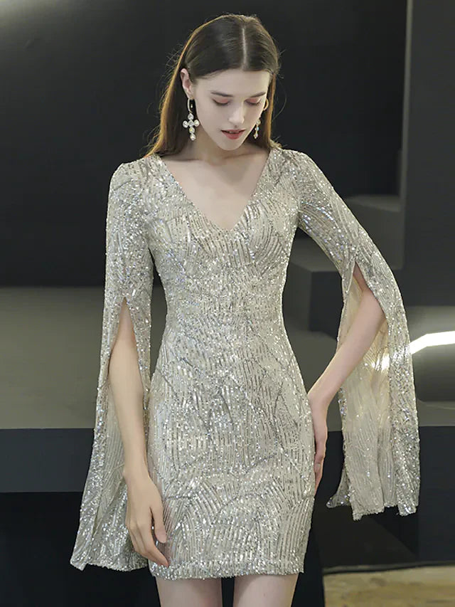 DingjiSparkle Elegant Homecoming Cocktail Party Dress V Neck Long Sleeve Short Mini Sequined with Sequin Split