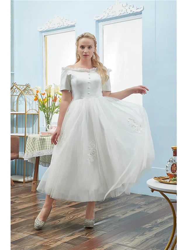 DingjiBall Gown Plus Size Elegant Quinceanera Prom Dress Off Shoulder Short Sleeve Tea Length Tulle with Buttons