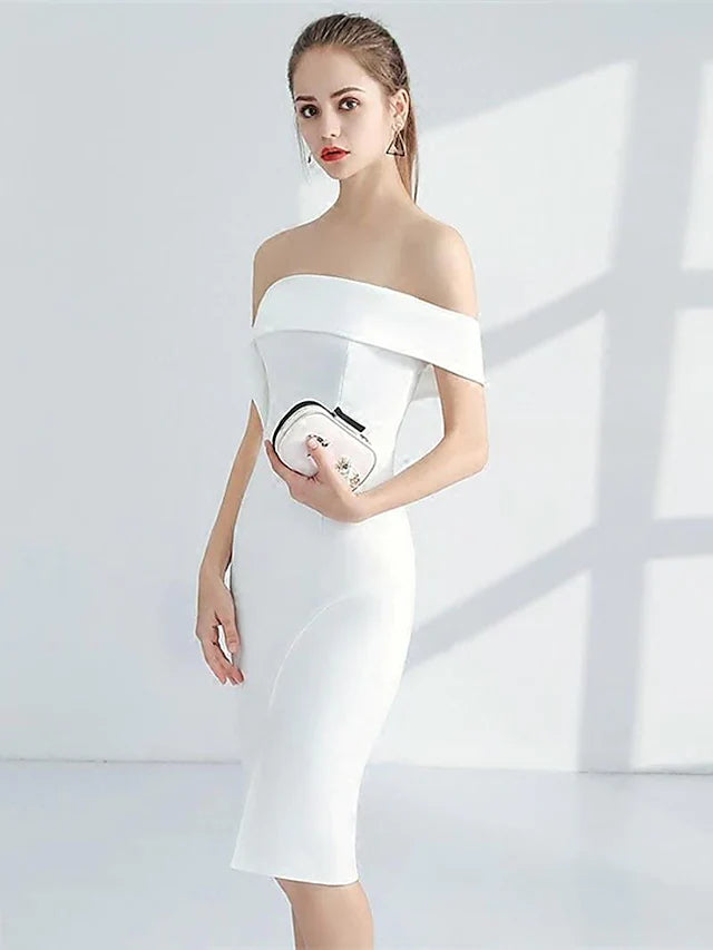 DingjiMinimalist Elegant Engagement Cocktail Party Dress Strapless Sleeveless Knee Length Stretch Fabric with Sleek Split